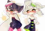  2girls aori_(splatoon) black_dress blush breasts cleavage collarbone commentary_request detached_collar domino_mask dress eyebrows eyebrows_visible_through_hair food food_on_head from_behind gloves green_legwear hair_rings heavy_breathing hotaru_(splatoon) long_hair looking_back mask mole mole_under_eye multiple_girls nose_blush object_on_head open_mouth paint_splatter pantyhose poroi_(poro586) purple_legwear shiny shiny_hair short_hair short_jumpsuit silver_hair simple_background small_breasts splatoon_(series) splatoon_1 strapless strapless_dress sushi sweat symbol-shaped_pupils tentacle_hair twitter_username unitard white_background white_gloves yellow_eyes 