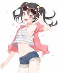  :d bad_id bad_pixiv_id black_hair blush eyewear_on_head jacket long_hair looking_at_viewer love_live! love_live!_school_idol_project marin_(myuy_3) navel open_mouth red_eyes short_shorts shorts simple_background smile solo sunglasses tank_top twintails white_background yazawa_nico 