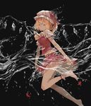  ascot barefoot black_background blonde_hair closed_eyes corpse_(pixiv) flandre_scarlet full_body hat hat_ribbon midriff mob_cap navel petals puffy_sleeves ribbon shirt short_hair short_sleeves side_ponytail simple_background skirt skirt_set solo touhou upskirt vest water wings 