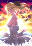  ahoge artoria_pendragon_(all) backlighting bare_shoulders blonde_hair bow detached_sleeves dress fate/stay_night fate/unlimited_codes fate_(series) floating_hair gloves green_eyes hair_bow iwanaga_tm long_hair looking_at_viewer ponytail saber saber_lily solo sunset white_dress white_gloves 