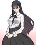  ban bangs black_hair blunt_bangs breasts dress highres long_hair looking_at_viewer medium_breasts meme_attire mole mole_under_eye original red_eyes smile solo virgin_killer_outfit 