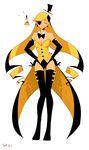  1girl bill_cipher blonde_hair breasts cleavage disney drill_hair elbow_gloves eyepatch eyes_closed genderswap gloves gravity_falls personification simple_background thigh_boots top_hat twin_drills twintails 