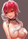  animal breasts choker convenient_censoring covering covering_breasts dated ddongu gem jewelry large_breasts lips open_mouth original pendant red_eyes red_hair short_hair simple_background smile solo tail_censor topless underboob weasel white_fur 