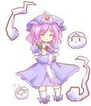  ^_^ chibi closed_eyes fan hat hitodama japanese_clothes kedama kimono mob_cap pink_hair saigyouji_yuyuko sash smile solo tilde_(ice_cube) touhou triangular_headpiece 