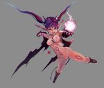  1girl borrowed_character breasts demon_girl demon_wings eudetenis fang horns looking_at_viewer midair monster_girl nipples open_mouth original pointy_ears purple_hair pussy simple_background slit_pupils solo tanline tattoo twintails wings 