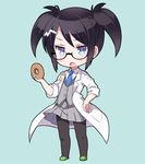  black_hair black_legwear blue_eyes blush doughnut food glasses hair_ornament necktie open_mouth pantyhose pleated_skirt pop'n_music root@chou_dou-ken shouni_(sato3) skirt solo twintails 