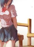  arms_behind_back blue_eyes blue_hair blue_skirt bow collared_shirt fuurin hair_over_one_eye kirishima_touka long_hair pleated_skirt red_bow shirt short_sleeves simple_background skirt solo tokyo_ghoul white_background white_shirt 