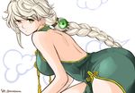  alternate_costume asymmetrical_hair backless_dress backless_outfit bad_id bad_pixiv_id bare_arms bare_shoulders blonde_hair braid china_dress chinese_clothes cloud dress from_behind green_dress hair_ornament jitome kantai_collection leaning_forward long_hair looking_at_viewer shiratama_(shiratama_gold) side_slit silver_hair single_braid solo turtleneck unryuu_(kantai_collection) very_long_hair 