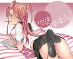  ass black_legwear blue_eyes blush coin_rand crossdressing food from_behind kneehighs long_hair looking_back male_focus original otoko_no_ko panties pink_hair pleated_skirt pocky school_uniform serafuku skirt twintails underwear 