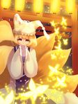  bad_id bad_pixiv_id blonde_hair bug butterfly dress fox_tail glowing hands_in_opposite_sleeves hat insect light long_sleeves looking_at_viewer mob_cap multiple_tails pillow_hat sasamaru_chimaki short_hair smile solo tabard tail tassel torii touhou white_dress wide_sleeves yakumo_ran yellow_eyes 