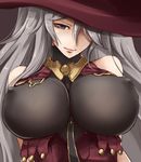  akatsuki_akane bare_shoulders breasts commentary_request covered_nipples granblue_fantasy grey_eyes hair_over_one_eye hat huge_breasts long_hair looking_at_viewer magisa_(granblue_fantasy) silver_hair smile solo upper_body witch_hat 