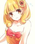  bare_shoulders blonde_hair bow brown_eyes flower flying_sweatdrops hair_flower hair_ornament highres kashiwagi_chisame kise_yayoi looking_at_viewer precure smile_precure! solo strapless sunflower tubetop upper_body 