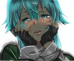  aqua_eyes aqua_hair blush fingerless_gloves gloves hair_ornament hairclip hands_on_own_cheeks hands_on_own_face looking_at_viewer open_mouth parody short_hair sinon smile solo sword_art_online yandere yandere_trance 
