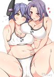  belly_grab bikini breast_grab breasts commentary_request eyepatch flying_sweatdrops grabbing groin_tendon headgear heart highres kantai_collection matching_outfit mechanical_halo multiple_girls plump purple_hair red_eyes short_hair sideboob swimsuit tatsuta_(kantai_collection) tenryuu_(kantai_collection) thick_thighs thighs yasuda_katsunori yellow_eyes yuri 