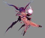  1girl borrowed_character breasts cleavage demon_girl demon_wings eudetenis fang horns looking_at_viewer micro_bikini midair monster_girl open_mouth original pointy_ears purple_hair simple_background slit_pupils solo tattoo twintails underboob wings 