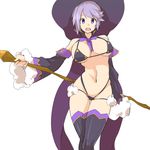  bikini bikini_warriors black_bikini black_legwear blush breasts cape hat highres large_breasts lavender_hair mage_(bikini_warriors) manabebebe open_mouth purple_eyes short_hair simple_background smile solo staff swimsuit thighhighs white_background wizard_hat 