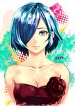  2015 arios_(orochi_yuta) bare_shoulders blue_eyes blue_hair breasts cleavage collarbone dress flower hair_over_one_eye highres kirishima_touka light_smile looking_at_viewer medium_breasts red_dress red_flower red_rose rose short_hair solo strapless strapless_dress tokyo_ghoul 