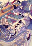  battle belt blonde_hair blue_eyes cape duel earmuffs hat highres japanese_clothes kariginu long_hair long_sleeves looking_at_another mausoleum mononobe_no_futo multiple_girls open_mouth ponytail skirt sleeveless tate_eboshi touhou toyosatomimi_no_miko vento white_hair wide_sleeves wristband yellow_eyes 