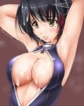  akatsuki_akane armpits arms_up black_hair blush breasts brown_eyes commentary_request front_zipper_swimsuit grey_background haguro_(kantai_collection) hair_ornament kantai_collection large_breasts meme_attire one-piece_swimsuit open_mouth parted_lips short_hair simple_background solo suggestive_fluid swimsuit tareme tears 