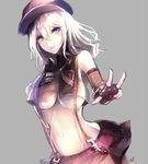  alisa_ilinichina_amiella blue_eyes breasts elbow_gloves gloves god_eater grey_background hand_on_own_chest hat large_breasts midriff navel no_legwear silver_hair simple_background skirt solo suspender_skirt suspenders tongue tongue_out truth_(redeye19) underboob v 
