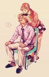  1girl ? black_hair brown_hair chair couple head_wreath hetero jojo_no_kimyou_na_bouken kawajiri_kousaku kawajiri_shinobu kira_yoshikage necktie ponytail putting_on_headwear uko_(moi08) 