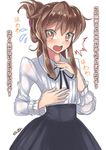  artist_name blush brown_eyes brown_hair commentary_request dress folded_ponytail inazuma_(kantai_collection) kantai_collection looking_at_viewer meme_attire older open_mouth sensen solo translated virgin_killer_outfit 