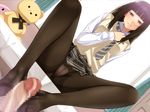  1girl bed benzou blush breasts brown_eyes brown_hair censored curtains feet footjob hentai_kyoudai_~chotto_kachiki_de_h_na_imouto_wo_kankei_ni_hamete_h_sasechau_ohanashi~ highres hime_cut legs long_hair long_sleeves looking_at_viewer mosaic_censoring naughty_face necktie no_shoes okashimo panties panties_under_pantyhose pantyhose parted_lips penis school_uniform sitting skirt smile solo_focus teddy_bear thighs underwear window 