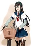  :d bangs basket bicycle bicycle_basket black_hair blue_skirt boots commentary_request glasses ground_vehicle hairband hip_vent kantai_collection long_hair long_sleeves looking_away looking_to_the_side necktie ojipon ooyodo_(kantai_collection) open_mouth pleated_skirt protected_link red_neckwear rimless_eyewear sailor_collar school_uniform serafuku short_over_long_sleeves short_sleeves sidelocks skirt smile solo standing tassel thigh_boots thighhighs walking_bike zettai_ryouiki 