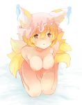  bad_id bad_pixiv_id between_legs blonde_hair breasts hair_between_eyes hand_between_legs hat large_breasts leaning_forward multiple_tails nude open_mouth pillow_hat seiza short_hair sitting solo surumeri_(baneiro) tail thighhighs touhou yakumo_ran yellow_eyes 