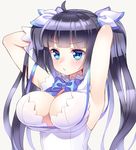  black_hair blue_eyes blue_ribbon blush breasts cleavage cleavage_cutout dress dungeon_ni_deai_wo_motomeru_no_wa_machigatteiru_darou_ka hair_ribbon hestia_(danmachi) large_breasts long_hair o3o rei_no_himo ribbon shouni_(sato3) solo twintails white_dress 