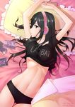  absurdres arms_up black_hair black_panties blue_eyes breasts daye_bie_qia_lian earmuffs frilled_pillow frills from_above highres kimishima_kana kiseijuu long_hair looking_at_viewer lying medium_breasts midriff navel on_back on_bed panties parted_lips photo_(object) pillow shirt solo t-shirt underboob underwear 