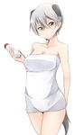  amai_nekuta animal_ears bangs breasts cleavage collarbone dog_ears dog_tail green_eyes hair_between_eyes highres laura_toth medium_breasts naked_towel short_hair silver_hair simple_background solo tail towel white_background world_witches_series 