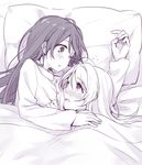  ayase_eli bed blush flying_sweatdrops hair_down head_on_chest highres long_hair long_sleeves looking_at_another love_live! love_live!_school_idol_project lying monochrome multiple_girls on_side pajamas pillow shared_blanket smile sonoda_umi under_covers yukiiti yuri 