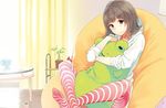  bean_bag_chair blush brown_eyes brown_hair cup curtains doll_hug hood hoodie kuu-doll leg_lock looking_at_viewer nail_polish_bottle no_shoes plant potted_plant red_legwear sasamori_tomoe sitting smile solo striped striped_legwear stuffed_animal stuffed_frog stuffed_toy table thighhighs watering_can 