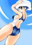  ass blue_eyes blue_hair competition_swimsuit from_behind one-piece_swimsuit original shinmeidon short_hair solo standing swimsuit towel 