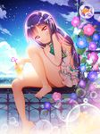  anklet bare_shoulders barefoot blush book bow bug butterfly dress drink drinking_straw fish flower from_side glass hair_bow highres insect jewelry lens_flare long_hair looking_at_viewer morning_glory ocean ondo_(shinm02) original pink_eyes purple_hair sitting sky smile solo sparkle water 