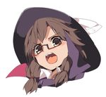  bad_id bad_twitter_id bow brown_eyes brown_hair cape glasses hasebe_yuusaku hat hat_bow hat_ribbon low_twintails open_mouth red-framed_eyewear ribbon short_hair solo teeth touhou twintails usami_sumireko 
