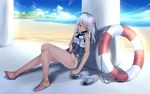  beach closed_eyes commentary_request covered_navel day flower hair_flower hair_ornament highres kantai_collection legs long_hair ocean one-piece_swimsuit ro-500_(kantai_collection) rolua sandals_removed school_swimsuit school_uniform serafuku sleeping solo swimsuit swimsuit_under_clothes tan tanline white_hair 