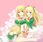  :d bare_shoulders blonde_hair blue_eyes blush braid breasts closed_eyes dress flower frilled_gloves frills fuji_kakei gloves hair_ribbon hand_on_another's_head hand_on_another's_shoulder juliet_sleeves kneeling lap_pillow large_breasts lily_(flower) long_hair long_sleeves multiple_girls multiple_persona neptune_(series) no_shoes open_mouth pantyhose pink_background puffy_sleeves ribbon shin_jigen_game_neptune_vii silhouette sitting sleeping smile thighhighs two_side_up vert vert's_sister very_long_hair wariza white_gloves white_legwear younger 