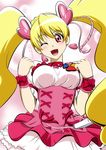  ;d blonde_hair choker cure_peach fresh_precure! fuchi_(nightmare) heart highres long_hair looking_at_viewer magical_girl momozono_love one_eye_closed open_mouth pink_choker pink_eyes precure smile solo translation_request twintails 