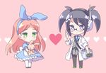  :/ alicia_(pop'n_music) black_hair black_legwear blue_eyes blush bow chibi dress full_body green_eyes hair_bow heart multiple_girls necktie pantyhose pink_hair pop'n_music root@chou_dou-ken shouni_(sato3) skirt stuffed_animal stuffed_bunny stuffed_toy white_legwear 