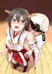  1girl admiral_(kantai_collection) bare_shoulders black_hair blush breast_grab detached_sleeves grabbing groping hairband haruna_(kantai_collection) hetero japanese_clothes kantai_collection long_hair nontraditional_miko open_mouth poco_(backboa) smile thighhighs 