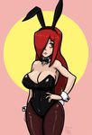  animal_ears blush bow bowtie breasts bunny_ears bunnysuit cleavage detached_collar fake_animal_ears hair_over_one_eye hand_on_hip highres large_breasts long_hair pantyhose parasoul_(skullgirls) red_hair skullgirls slow_anon solo wrist_cuffs yellow_eyes 