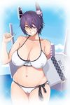  bikini breasts cameltoe cleavage cloud collarbone cowboy_shot curvy erect_nipples eyepatch female gradient gradient_background grin headgear holding kantai_collection large_breasts looking_at_viewer memememe midriff navel ocean purple_hair sea short_hair sky smile solo standing swimsuit teeth tenryuu_(kantai_collection) white_bikini white_swimsuit wide_hips yellow_eyes 
