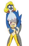  5_fingers age_difference anthro avian big_breasts bird blonde_hair blue_feathers blue_jay breasts cartoon_network corvid crossover drockdraw duck ducktales ducktales_(2017) duo feathers female green_eyes hair hi_res hilary_(regular_show) inverted_nipples looking_at_viewer mature_female nipples pose pussy regular_show simple_background size_difference smile standing webby_vanderquack white_background white_feathers young 