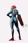  arm_cannon ass back bodysuit cobaltplasma from_behind glowing hand_on_hip helmet highres hips kneepits light_trail looking_to_the_side metroid neon_trim samus_aran simple_background skin_tight smoke solo standing tiptoes turtleneck weapon white_background zero_suit 
