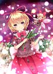  blonde_hair bow chikuwa_savi commentary danmaku fairy_wings flower grey_eyes hair_bow hair_ribbon highres lily_of_the_valley looking_at_viewer medicine_melancholy minigirl puffy_short_sleeves puffy_sleeves ribbon shirt short_hair short_sleeves skirt smile spell su-san touhou wings 
