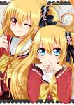  blonde_hair blue_eyes charlotte_(anime) dual_persona highres long_hair multiple_girls nishimori_misa nishimori_yusa one_eye_closed red_eyes school_uniform siblings side_ponytail sisters twins yuki_isuke 