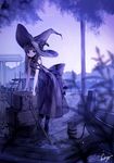  bad_id bad_pixiv_id boat bow crate dock dress full_body hat long_hair looking_at_viewer night night_sky original purple purple_eyes purple_hair rope signature sky sleeveless smile solo staff star_trail sukja watercraft witch witch_hat 