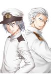  admiral_(kantai_collection) back-to-back borrowed_character crossed_arms crossover frown glaring grey_hair hands_on_hips hat kantai_collection looking_at_viewer male_focus military military_hat military_uniform multiple_boys naval_uniform open_eyes peaked_cap simple_background smile soborou uniform white_background white_hair yamamoto_arifred 